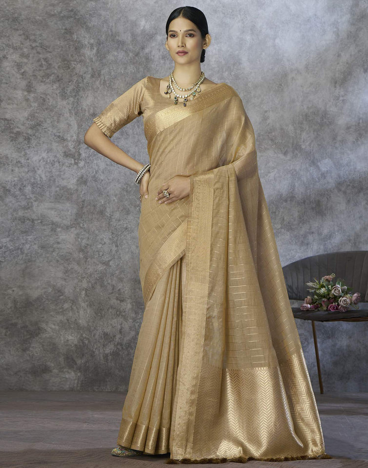 Beige Silk Woven Zari Stripe Saree