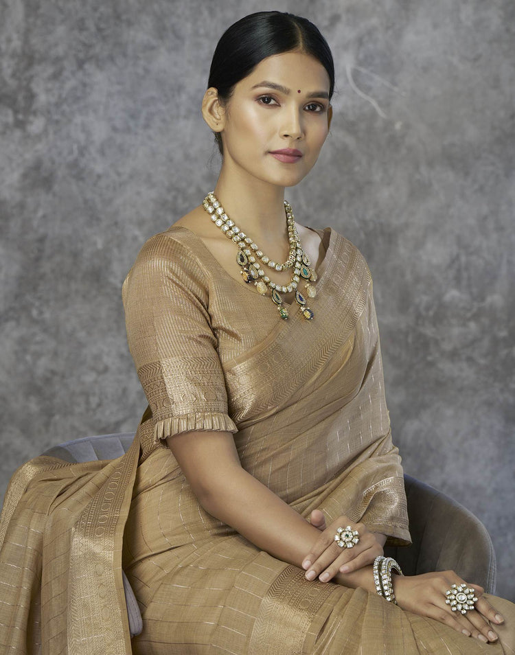 Beige Silk Woven Zari Stripe Saree