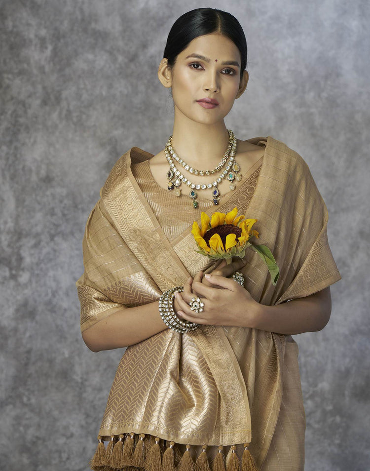 Beige Silk Woven Zari Stripe Saree