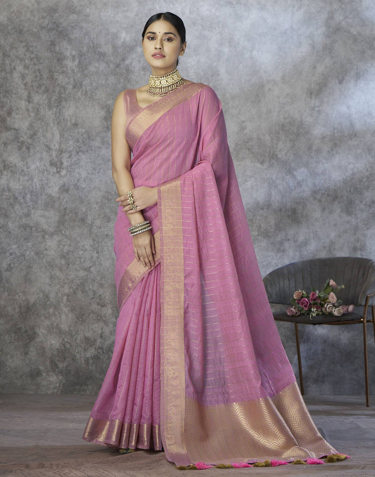 Light Pink Silk Woven Zari Stripe Saree