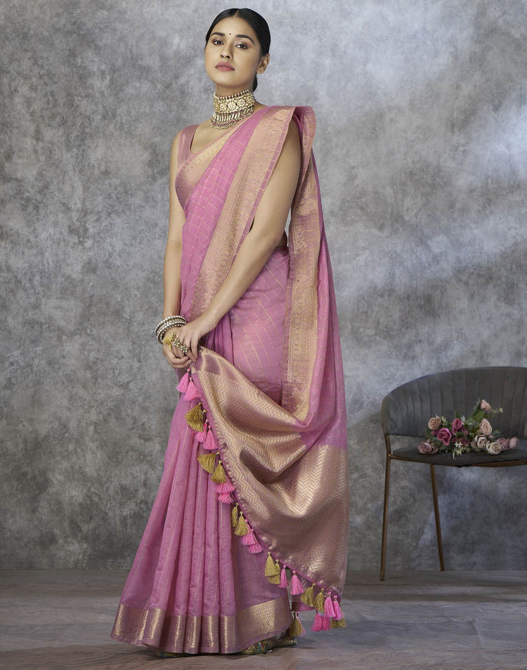 Light Pink Silk Woven Zari Stripe Saree