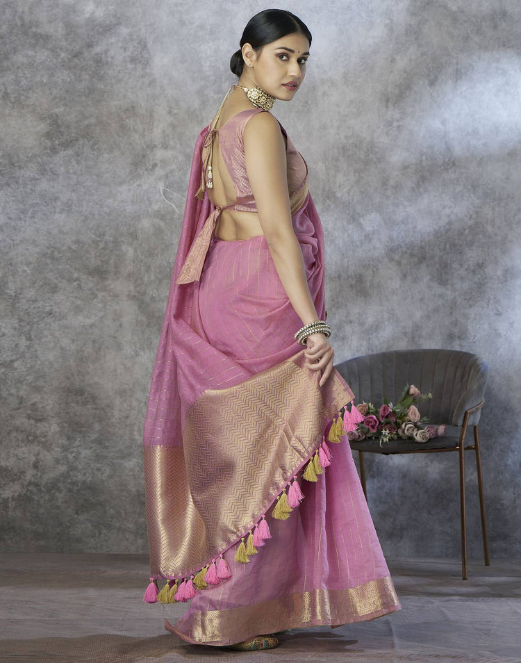 Light Pink Silk Woven Zari Stripe Saree