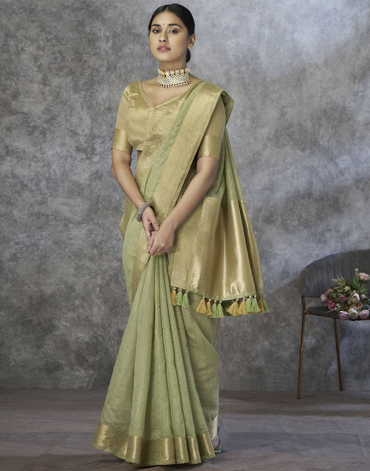 Light Green Silk Woven Zari Stripe Saree