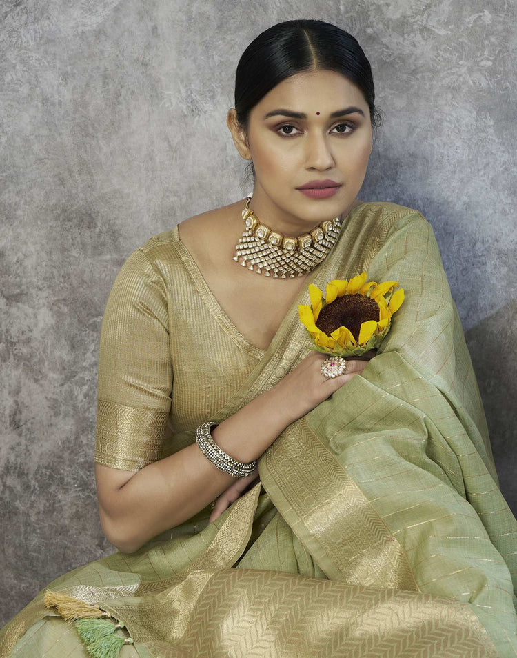 Light Green Silk Woven Zari Stripe Saree