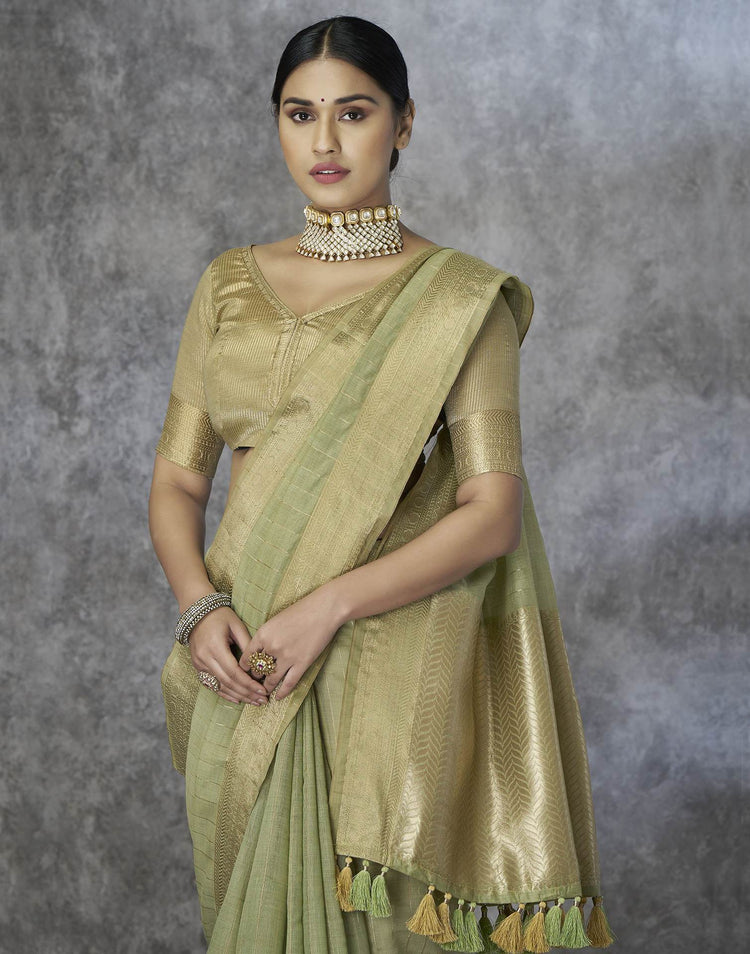Light Green Silk Woven Zari Stripe Saree