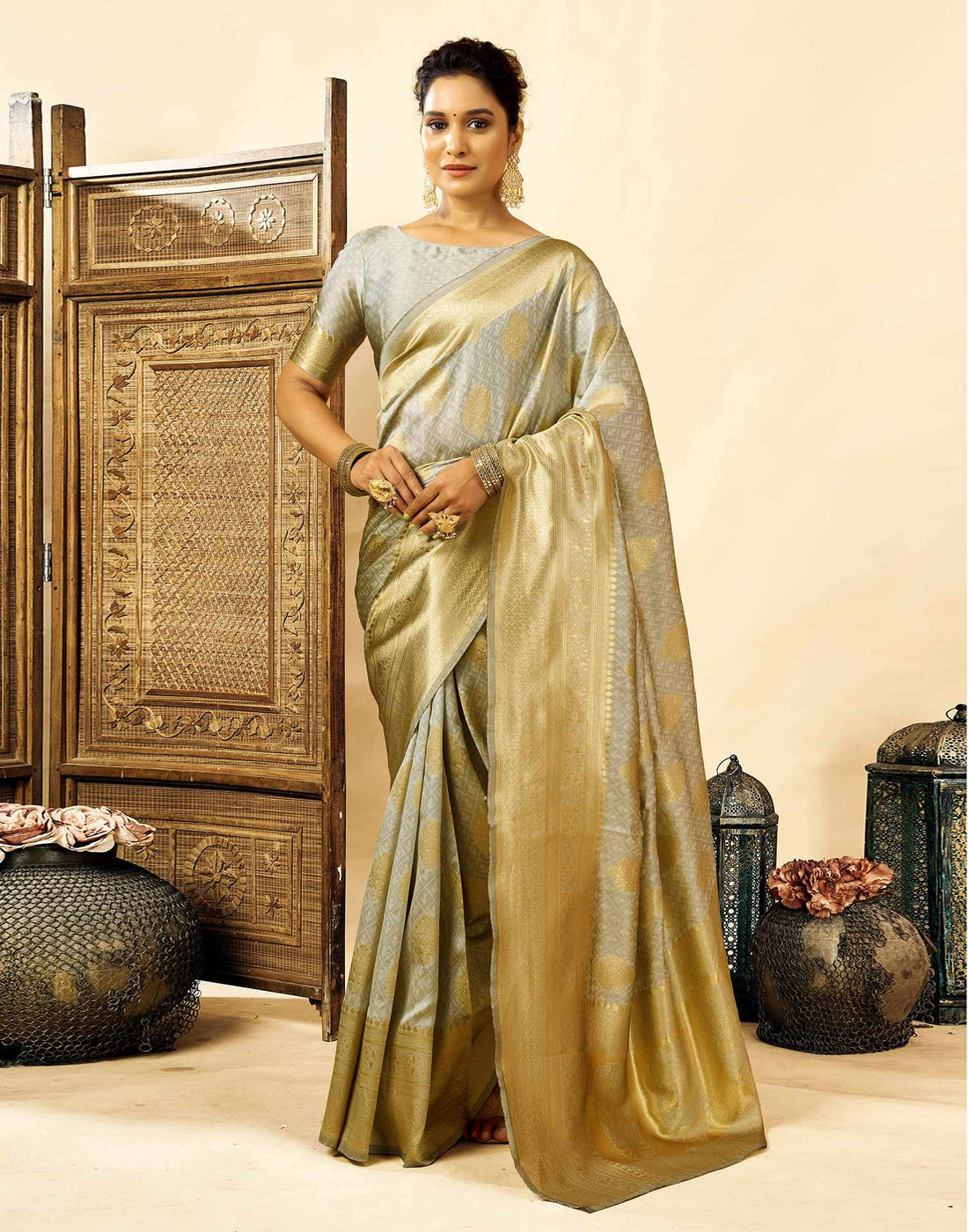 Grey Silk Woven Banarasi Saree
