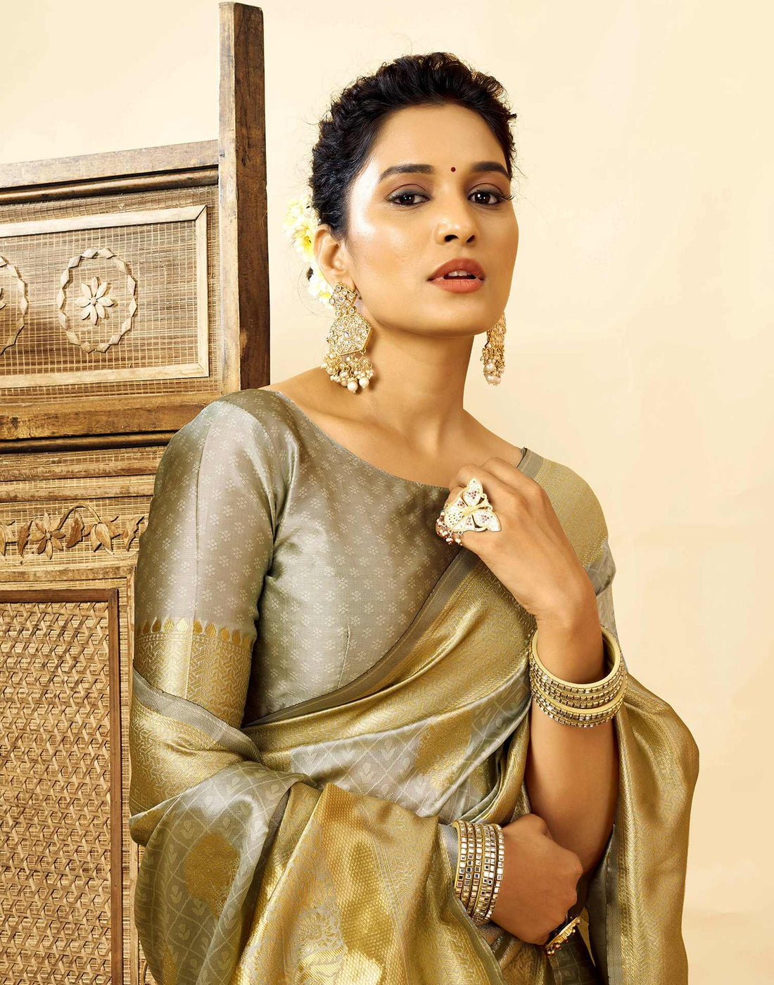 Grey Silk Woven Banarasi Saree
