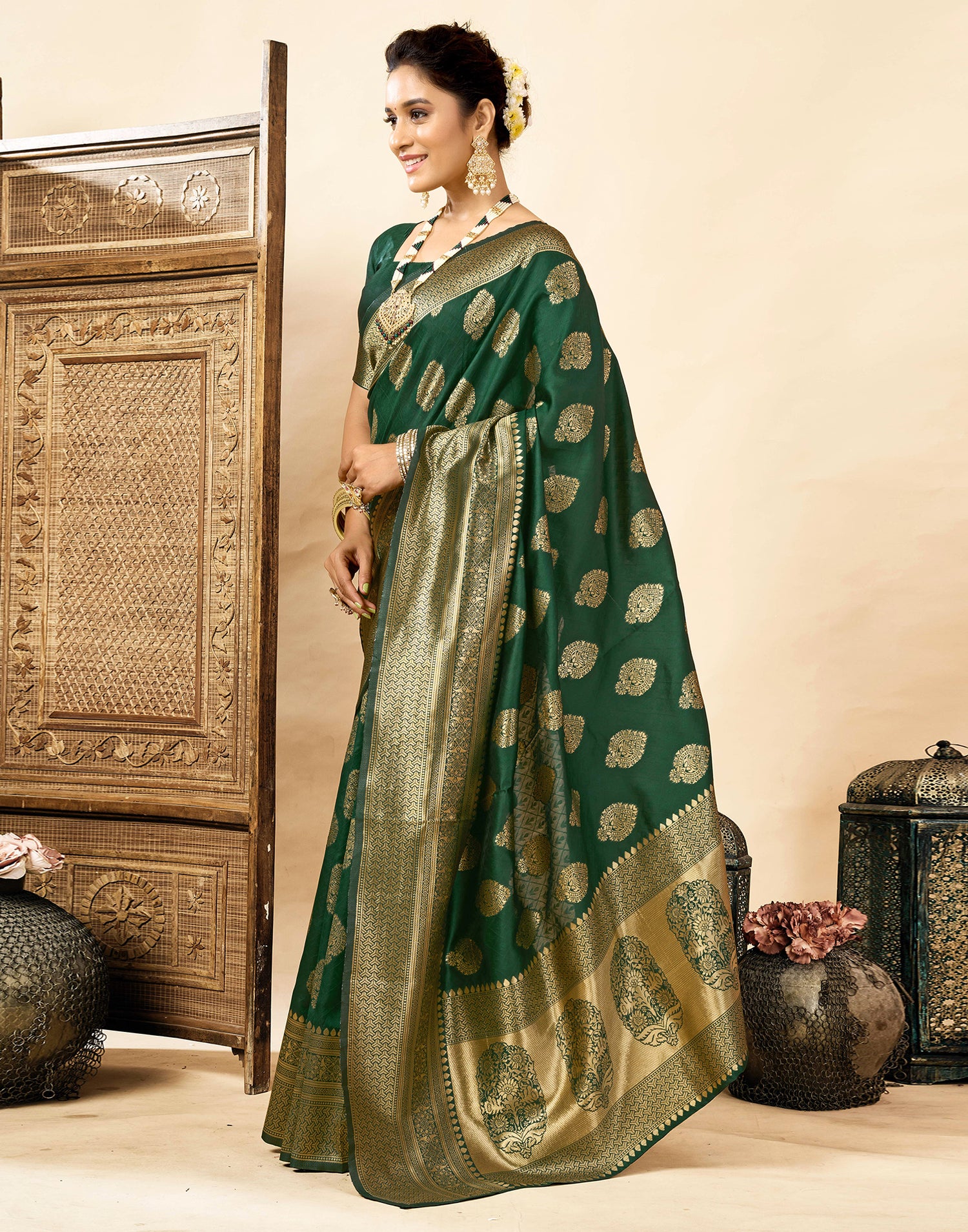 Dark Green Silk Woven Banarasi Saree