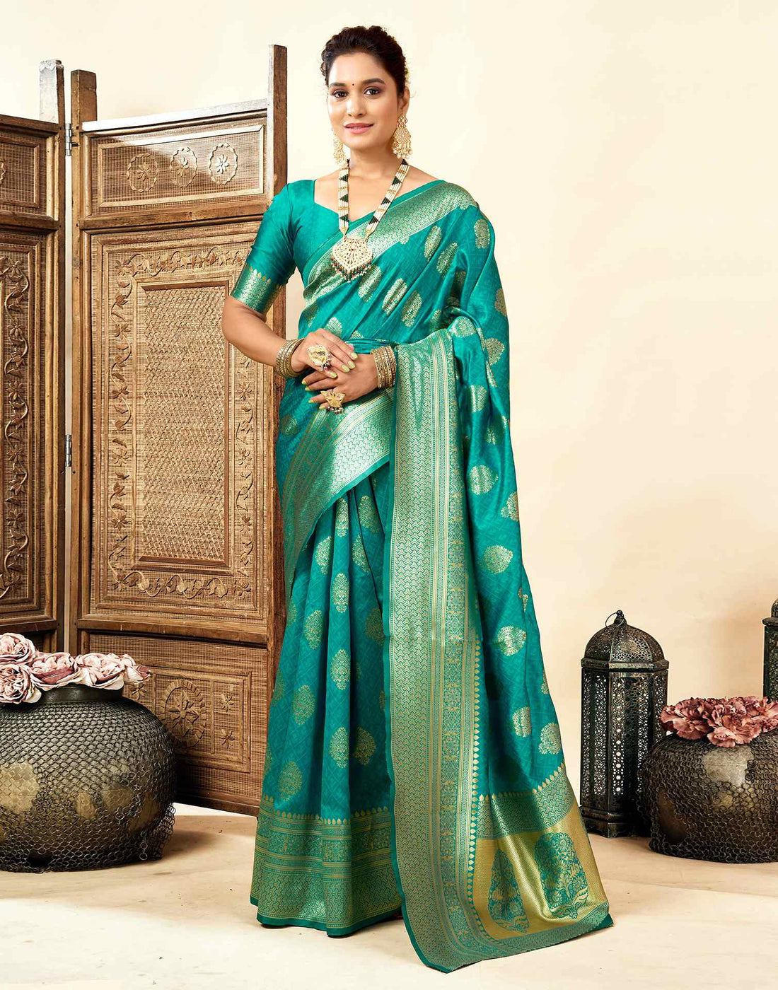 Teal Green Silk Woven Banarasi Saree