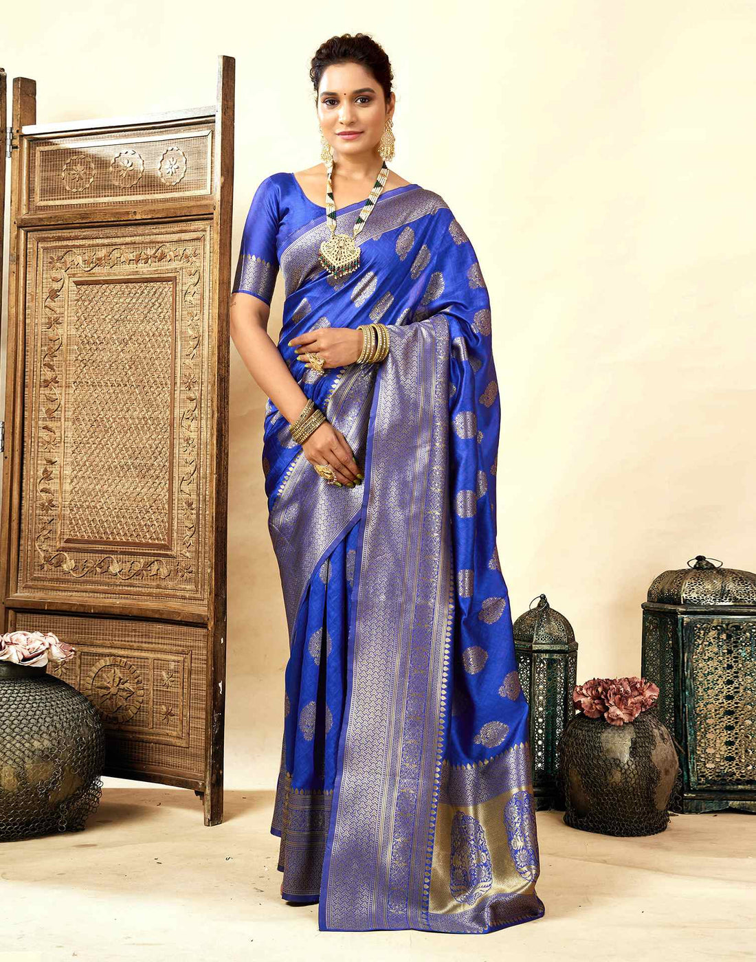 Dark Blue Silk Woven Banarasi Saree