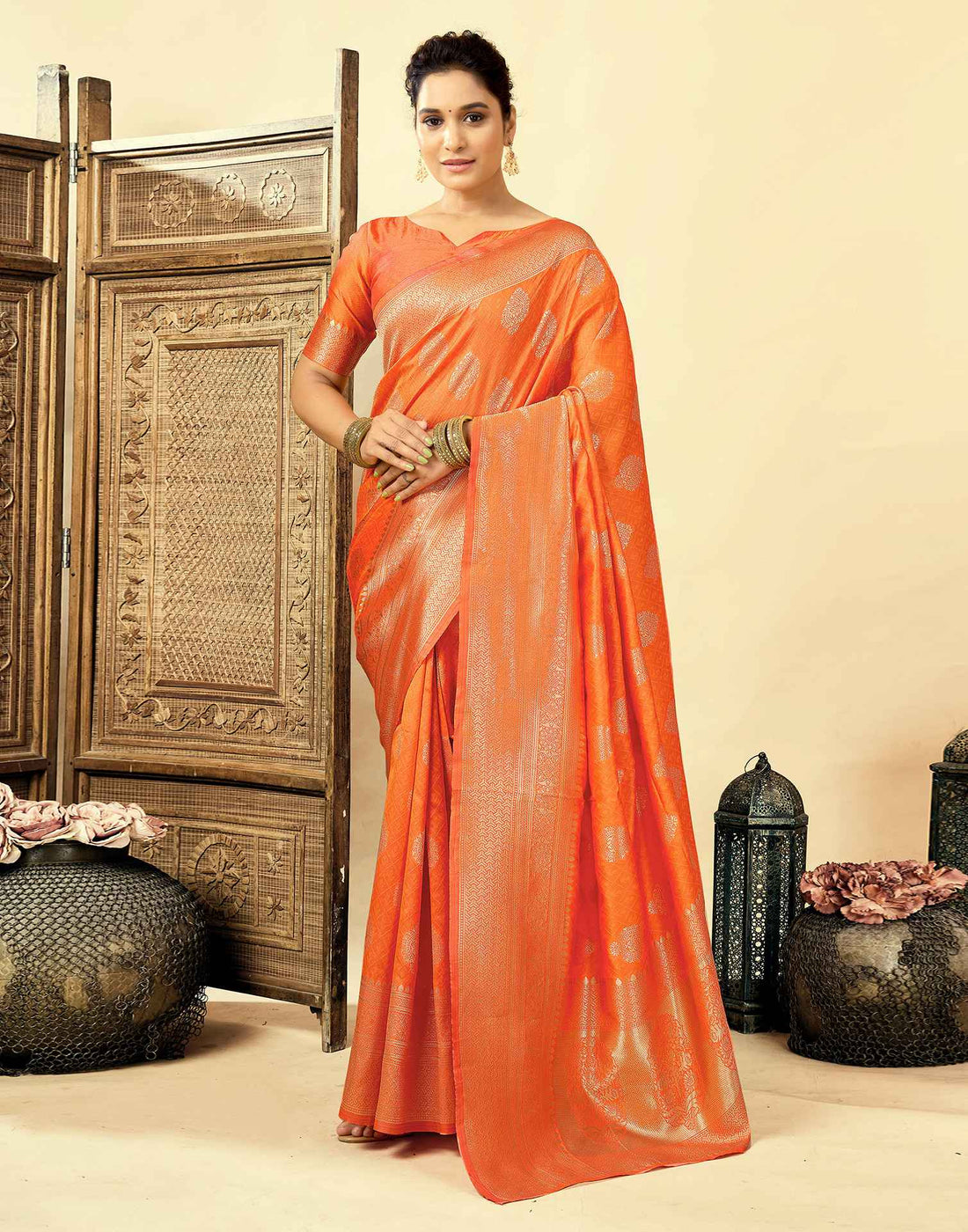 Orange Silk Woven Banarasi Saree