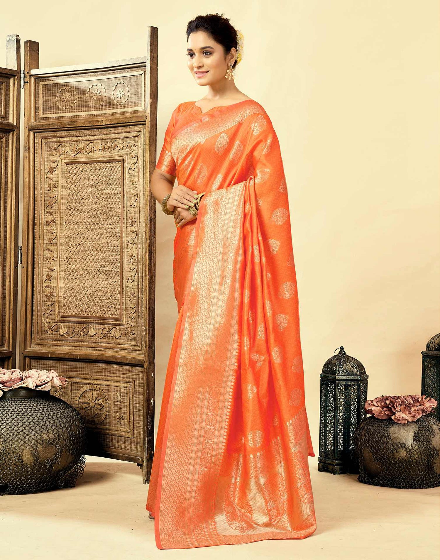 Orange Silk Woven Banarasi Saree