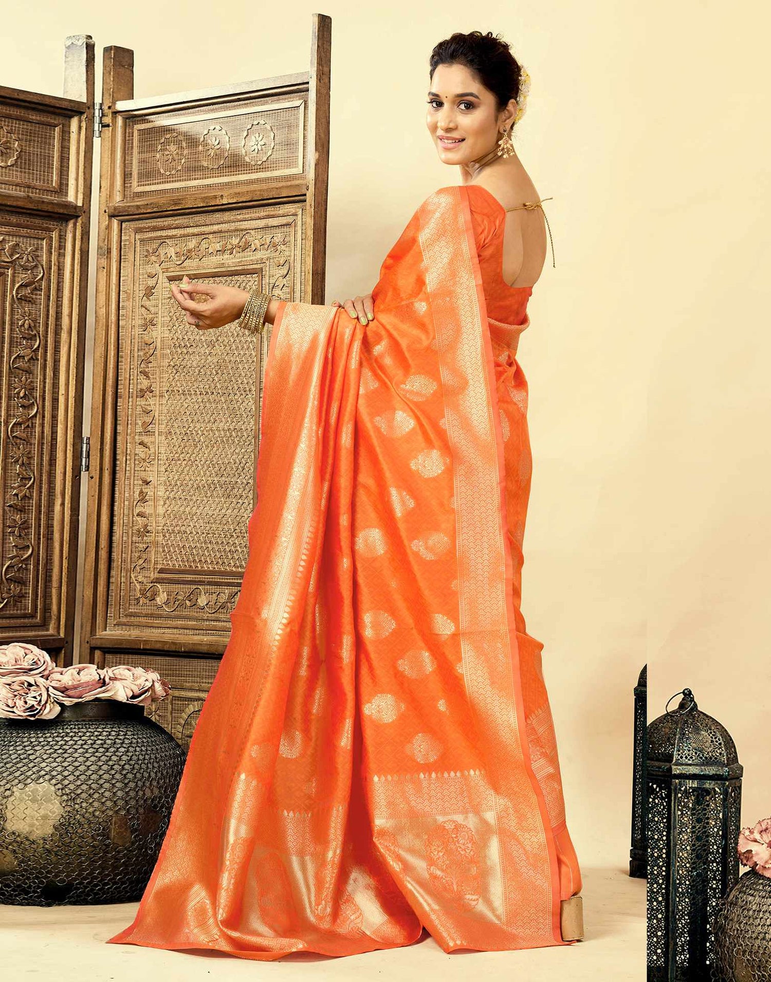 Orange Silk Woven Banarasi Saree
