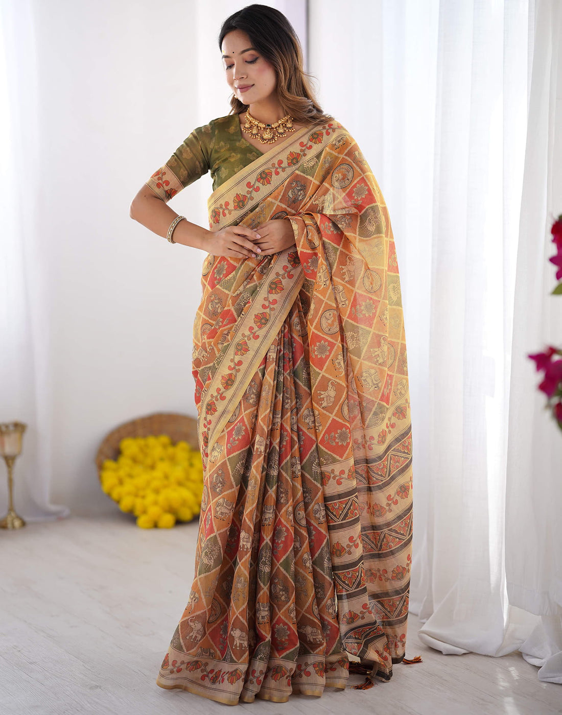 Multicoloured Linen Printed Saree