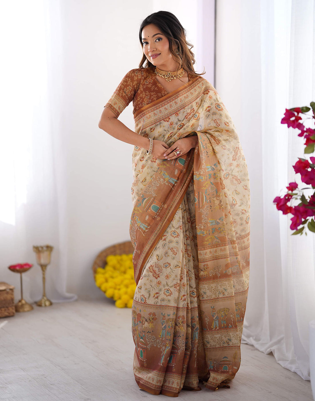 Light Beige Linen Floral Printed Saree