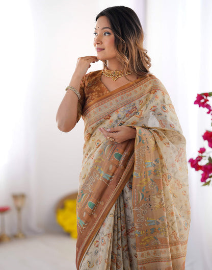 Light Beige Linen Floral Printed Saree