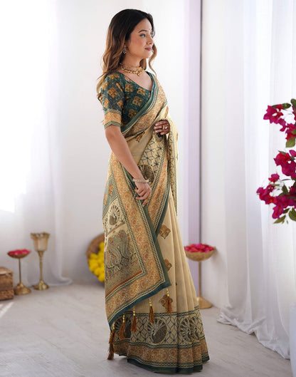 Light Beige Linen Printed Saree