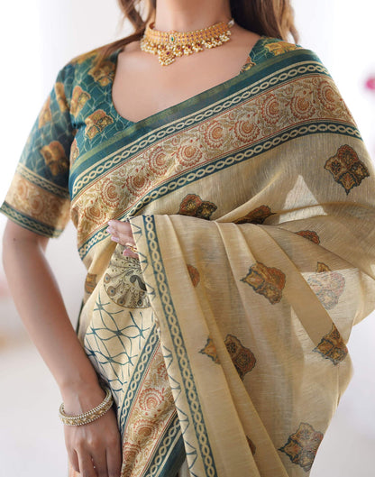 Light Beige Linen Printed Saree