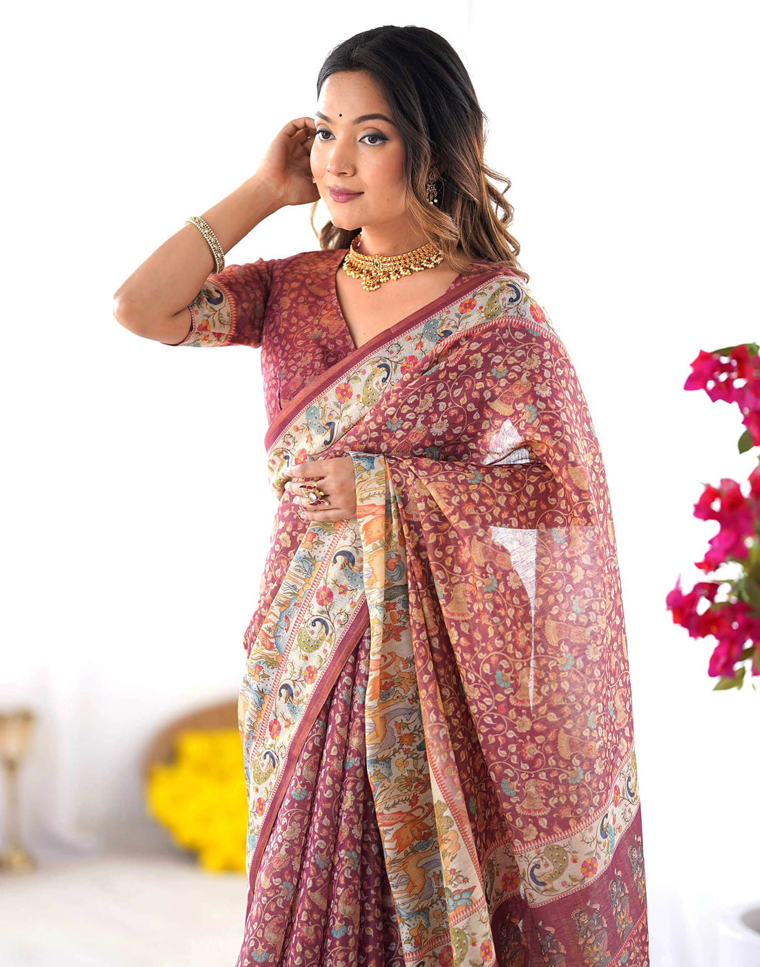 Dusty Wine Linen Floral Printed Saree