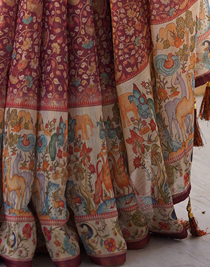 Dusty Wine Linen Floral Printed Saree
