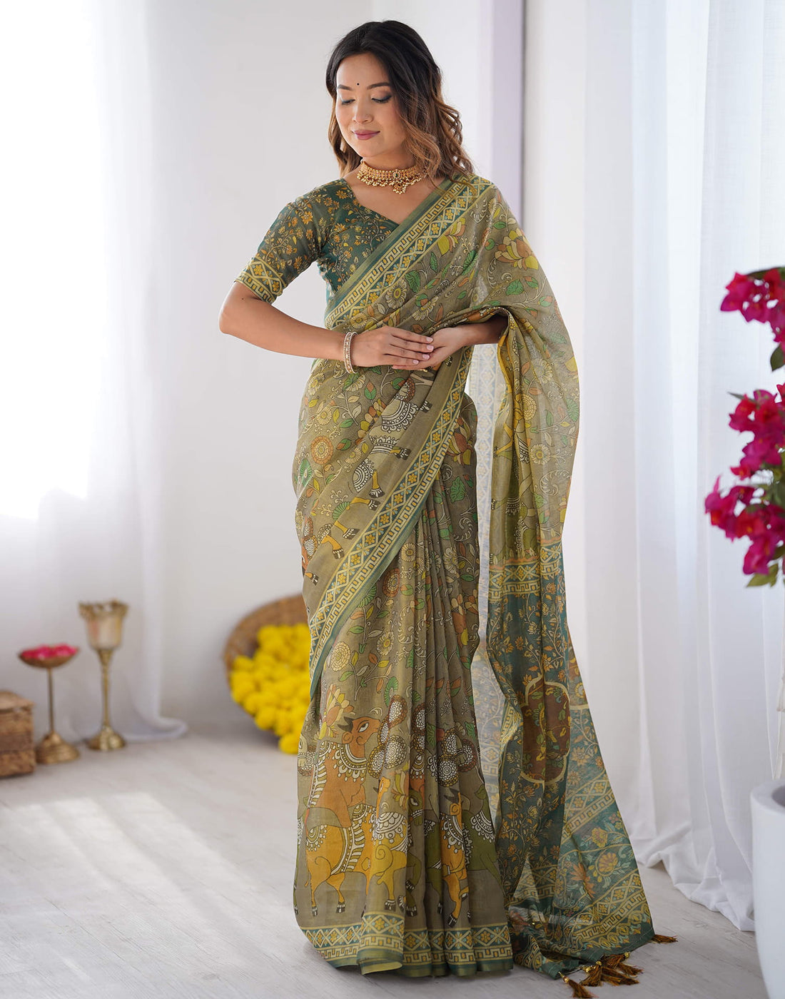Grey Linen Kalamkari Saree