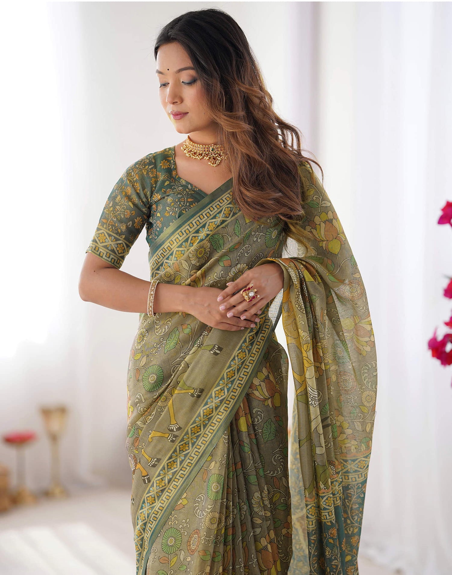 Grey Linen Kalamkari Saree