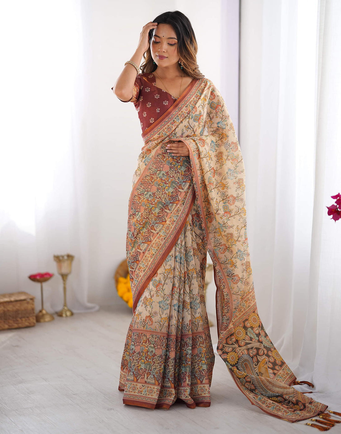 Light Beige Linen Floral Printed Saree
