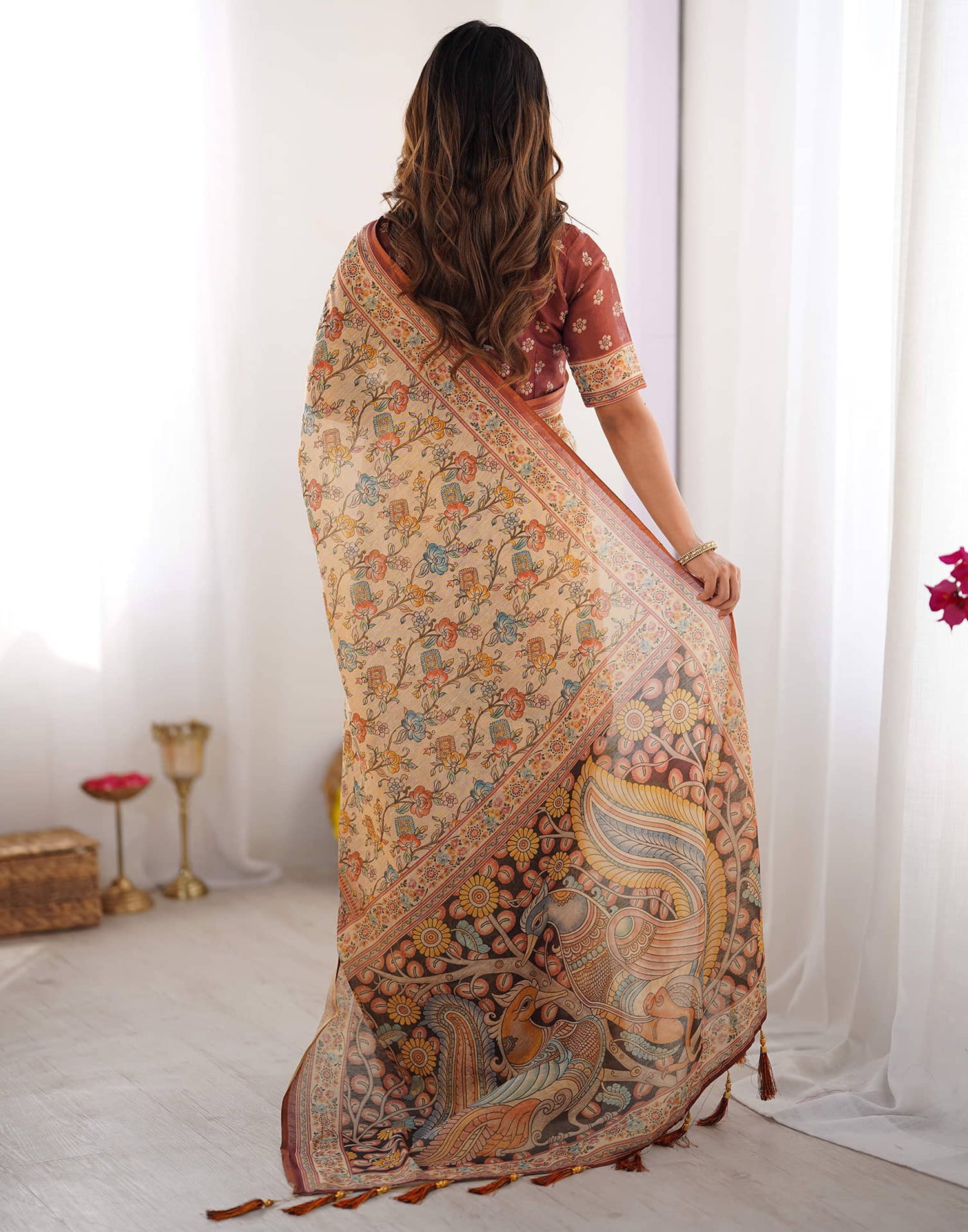Light Beige Linen Floral Printed Saree