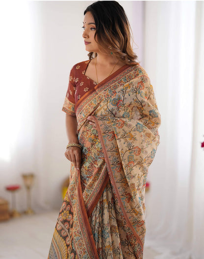 Light Beige Linen Floral Printed Saree