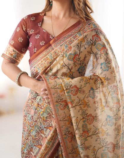 Light Beige Linen Floral Printed Saree