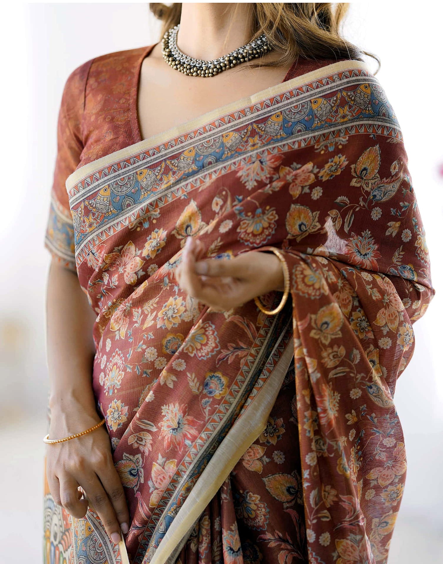 Chestnut Brown Linen Floral Printed Saree