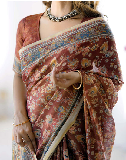 Chestnut Brown Linen Floral Printed Saree