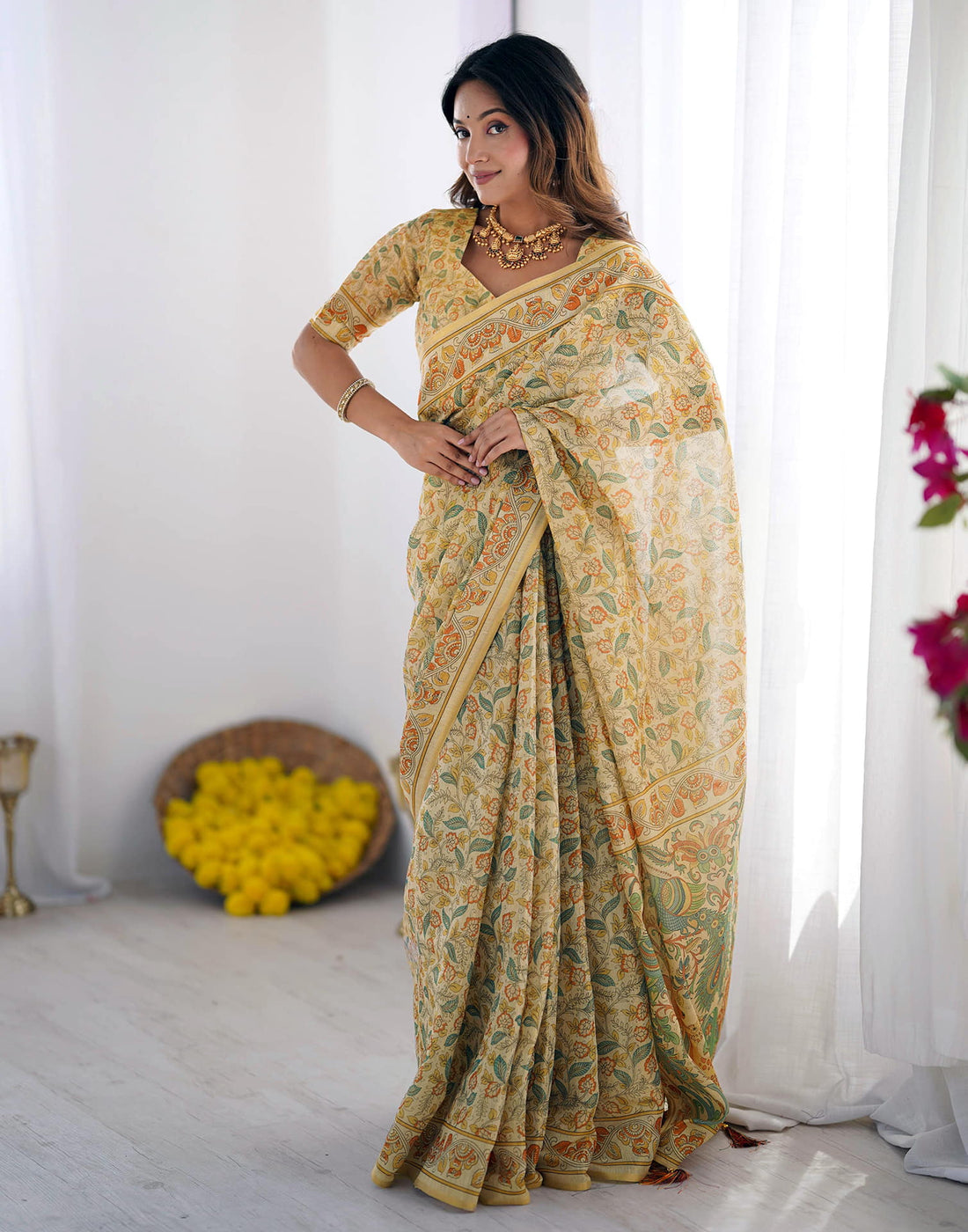 Light Beige Linen Floral Printed Saree