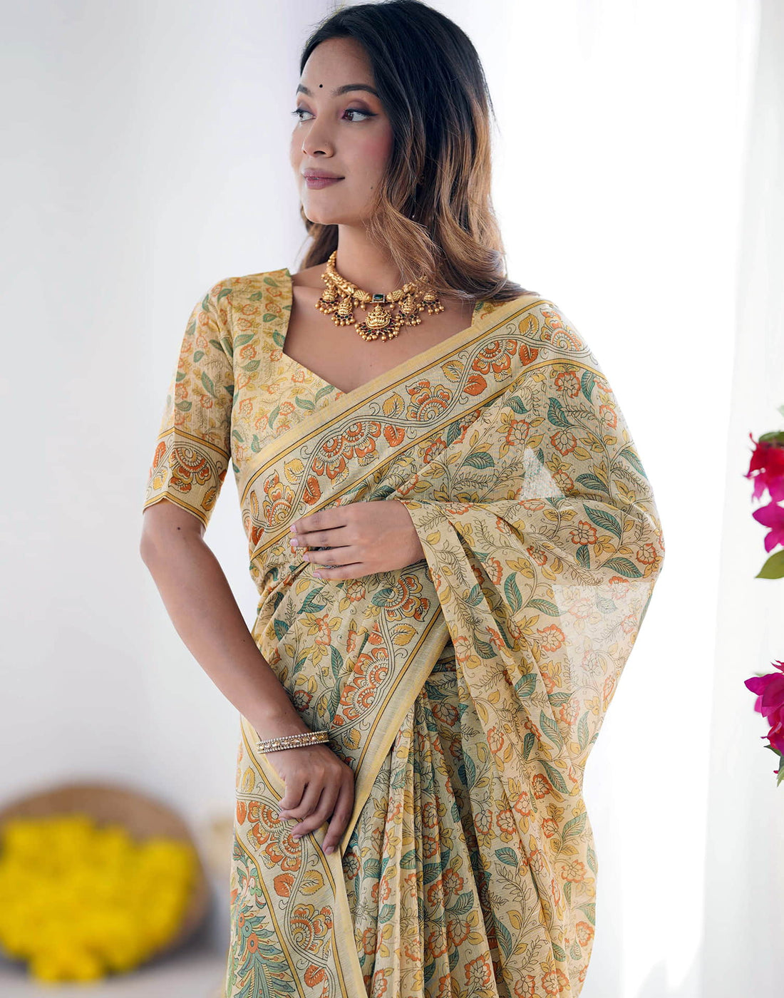 Light Beige Linen Floral Printed Saree