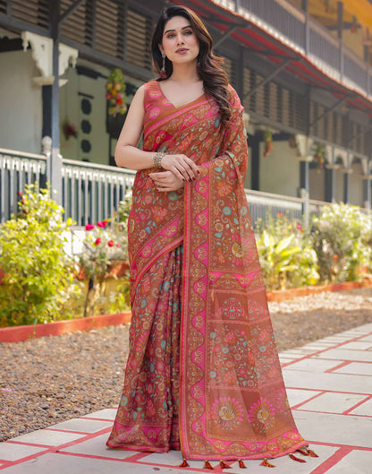 Brown Linen Floral Printed Saree