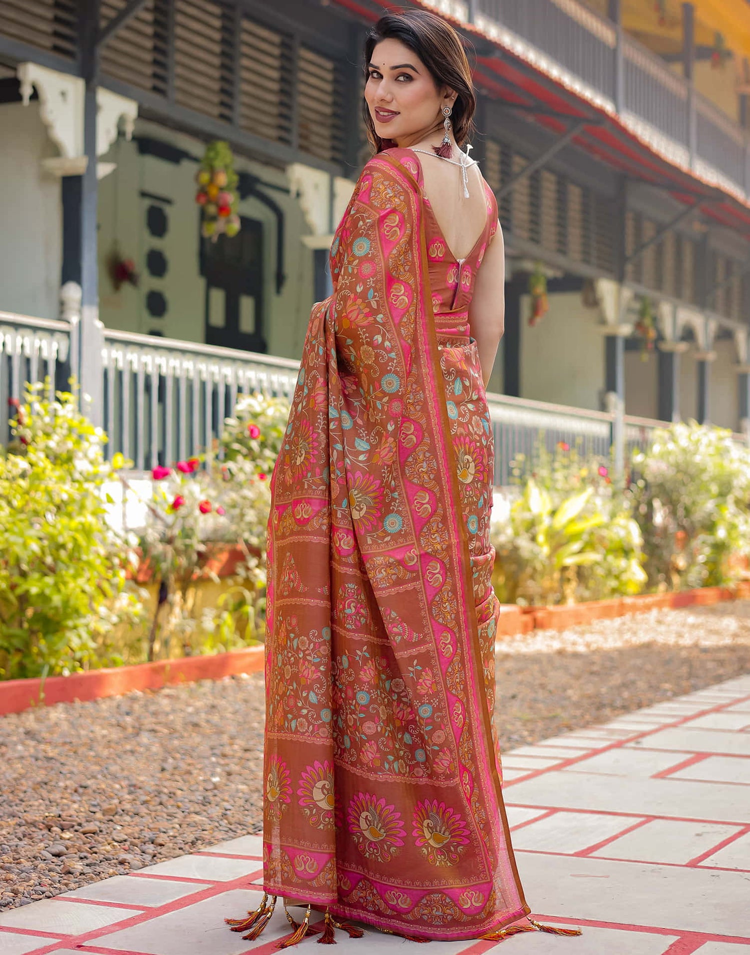 Brown Linen Floral Printed Saree
