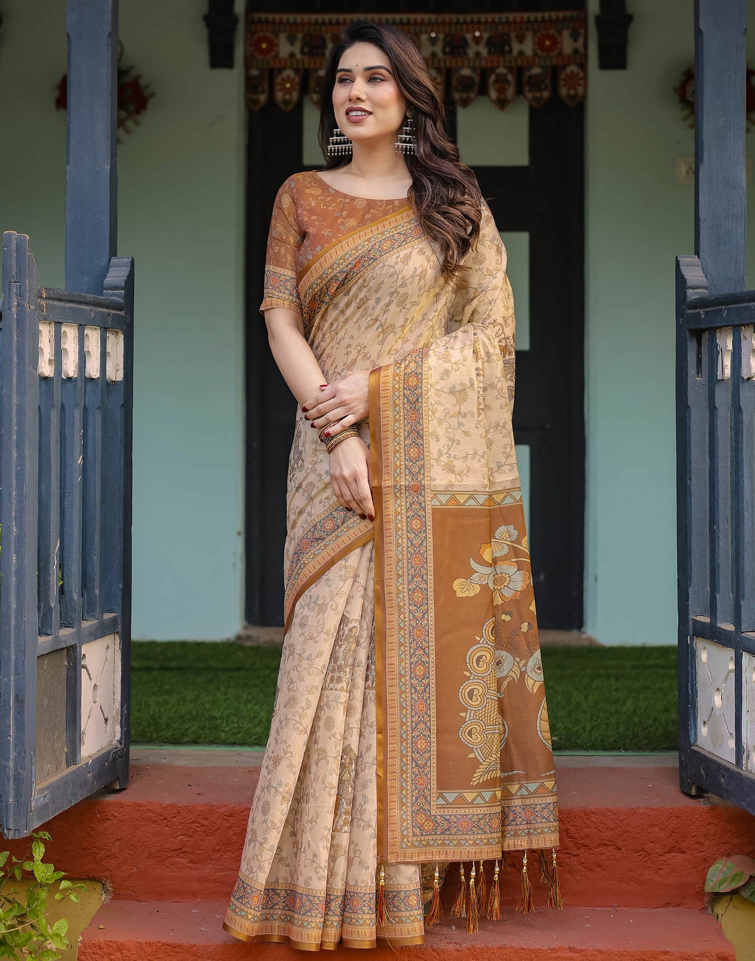 Light Beige Linen Floral Printed Saree