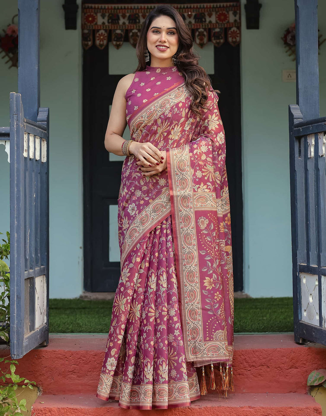 Dark Pink Linen Floral Printed Saree