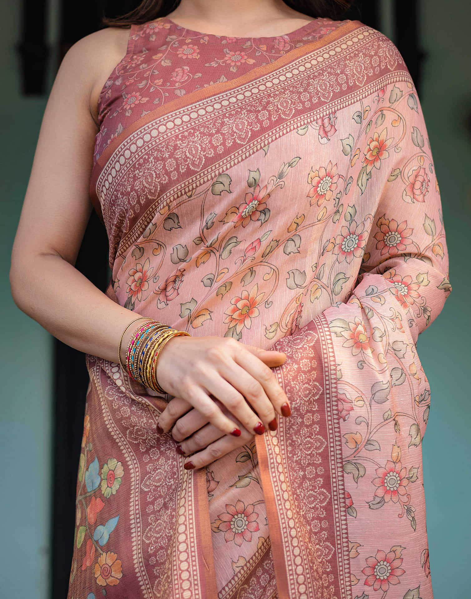 Light Pink Linen Floral Printed Saree