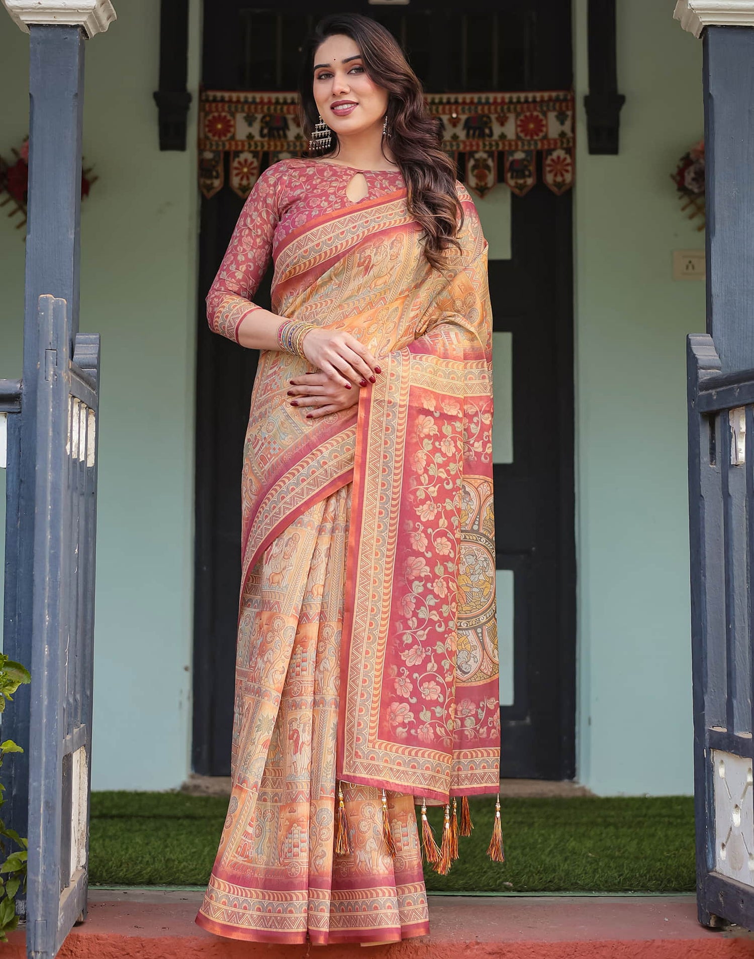 Pink Linen Printed Saree