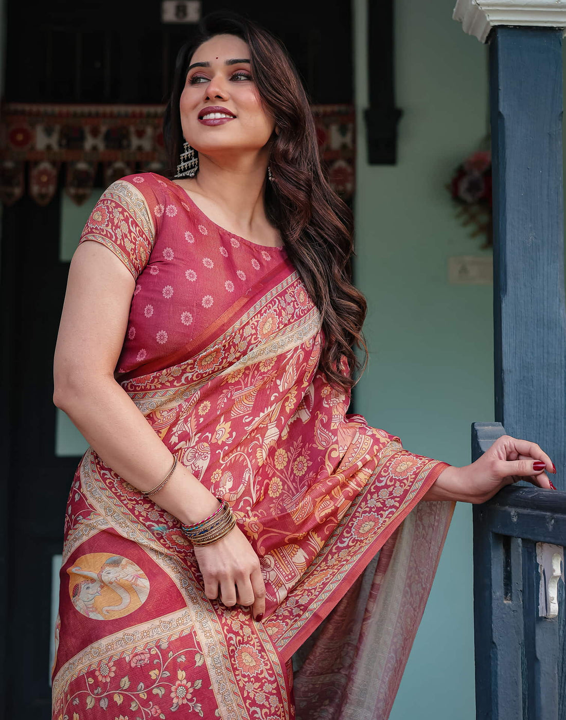 Dark Pink Linen Printed Saree