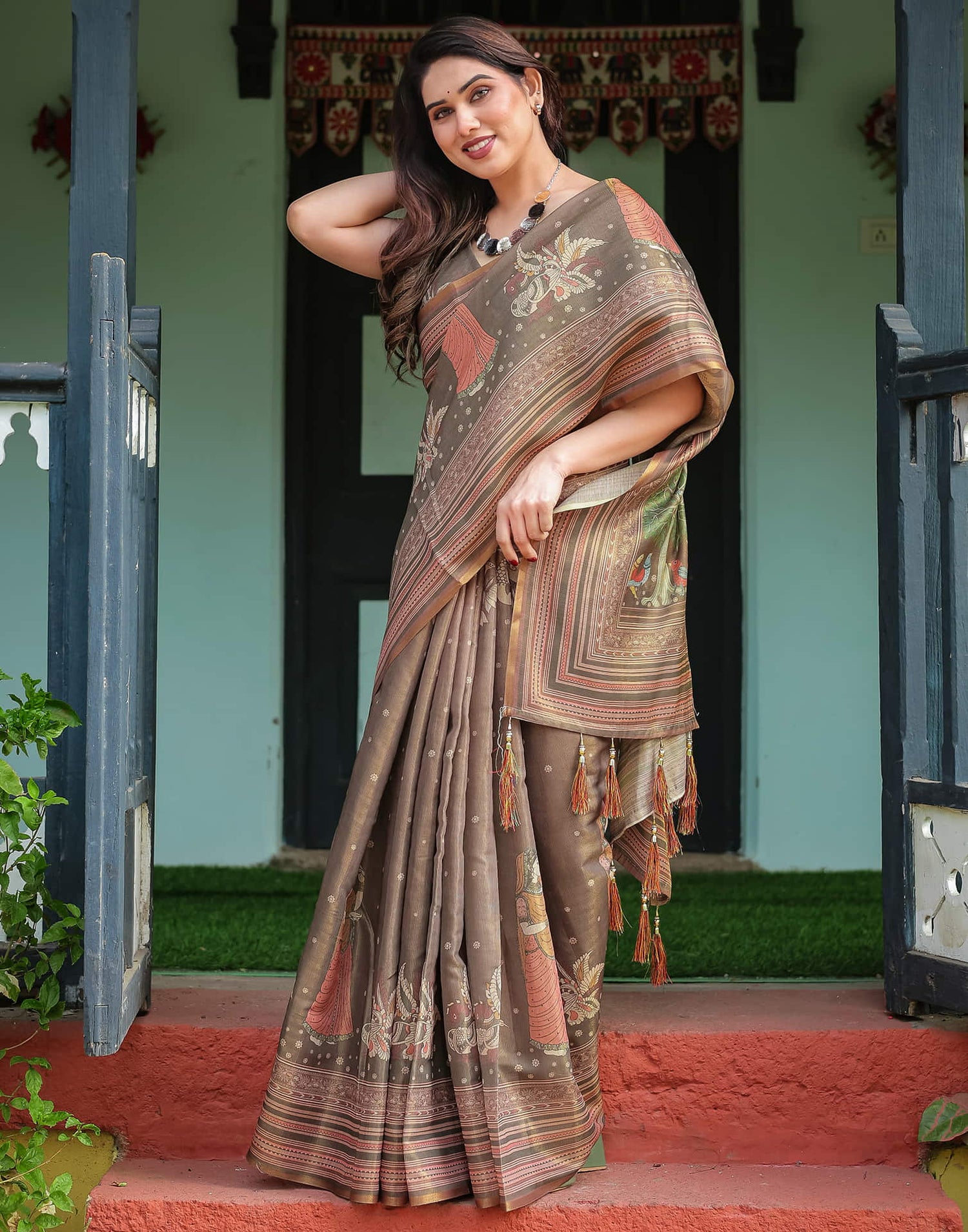Dark Grey Linen Printed Saree