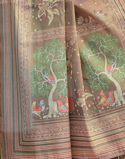 Dark Grey Linen Printed Saree