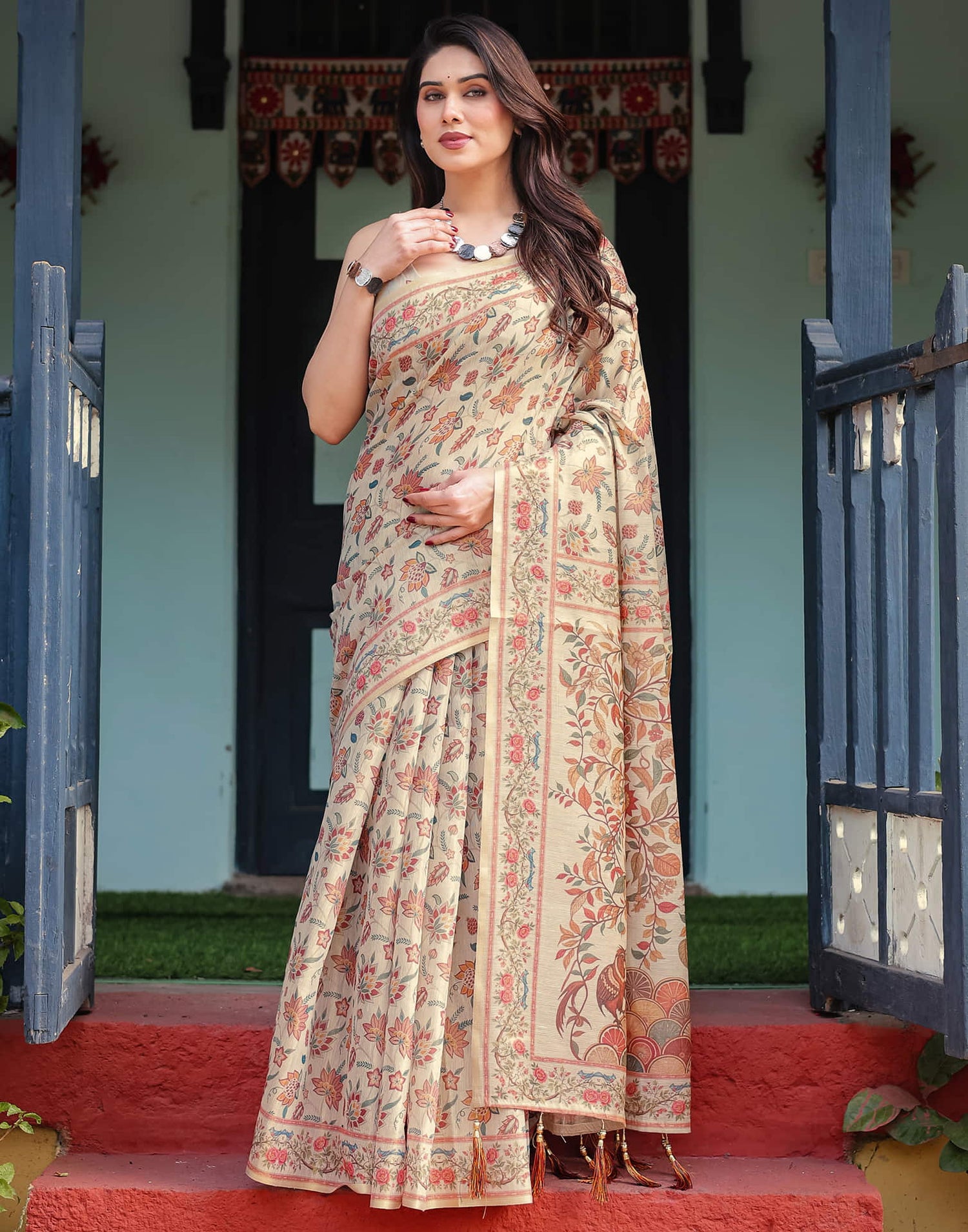 Light Beige Linen Floral Printed Saree