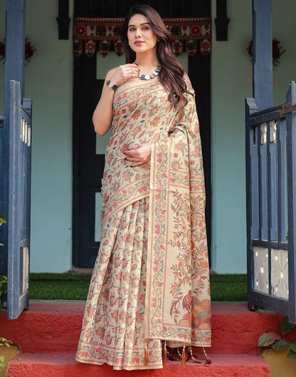Light Beige Linen Floral Printed Saree