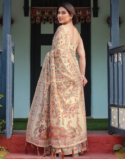 Light Beige Linen Floral Printed Saree