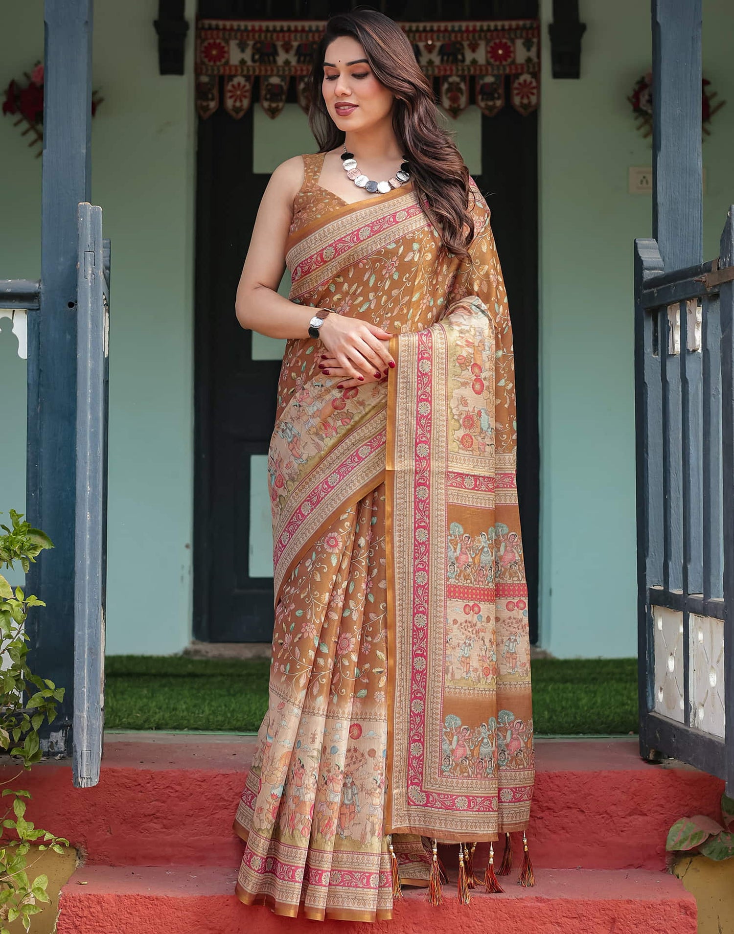 Mustard Yellow Linen Floral Printed Saree