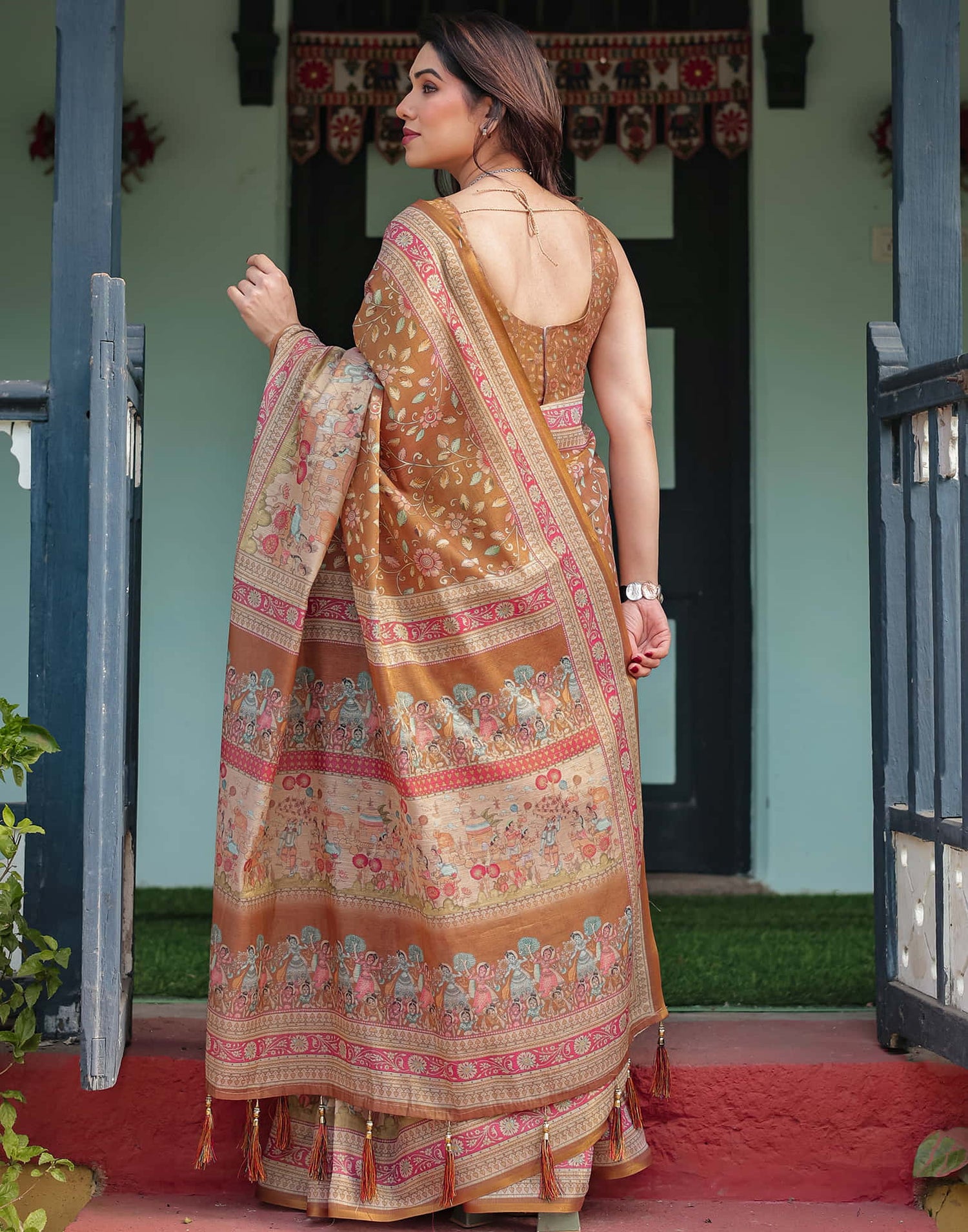 Mustard Yellow Linen Floral Printed Saree
