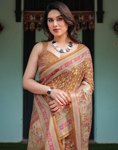 Mustard Yellow Linen Floral Printed Saree