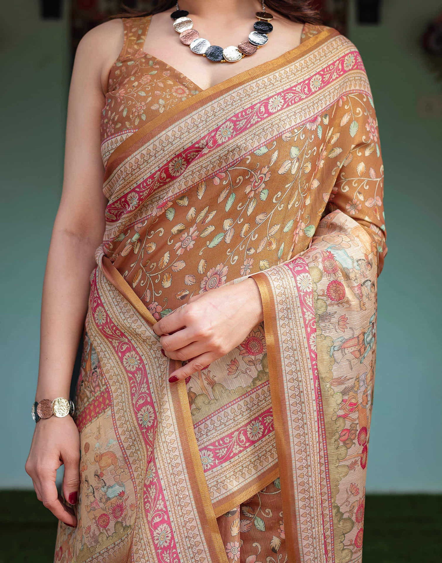Mustard Yellow Linen Floral Printed Saree